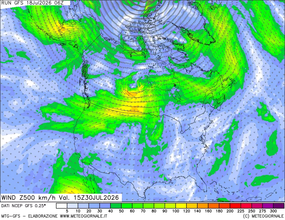 mappa 500 hPa Vento forza e direzione