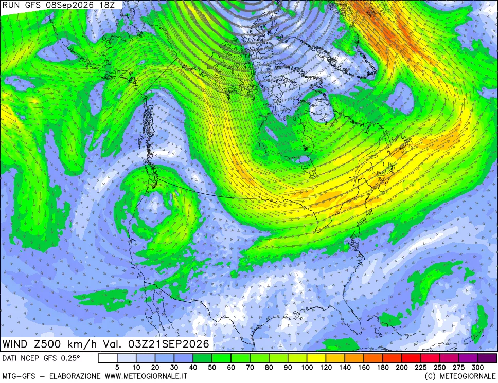 mappa 500 hPa Vento forza e direzione