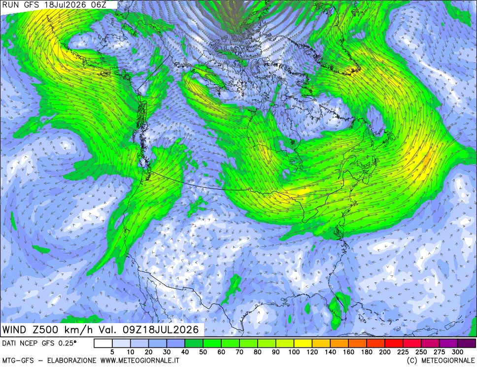 mappa 500 hPa Vento forza e direzione