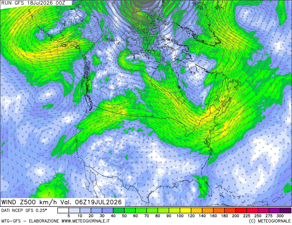 mappa 500 hPa Vento forza e direzione