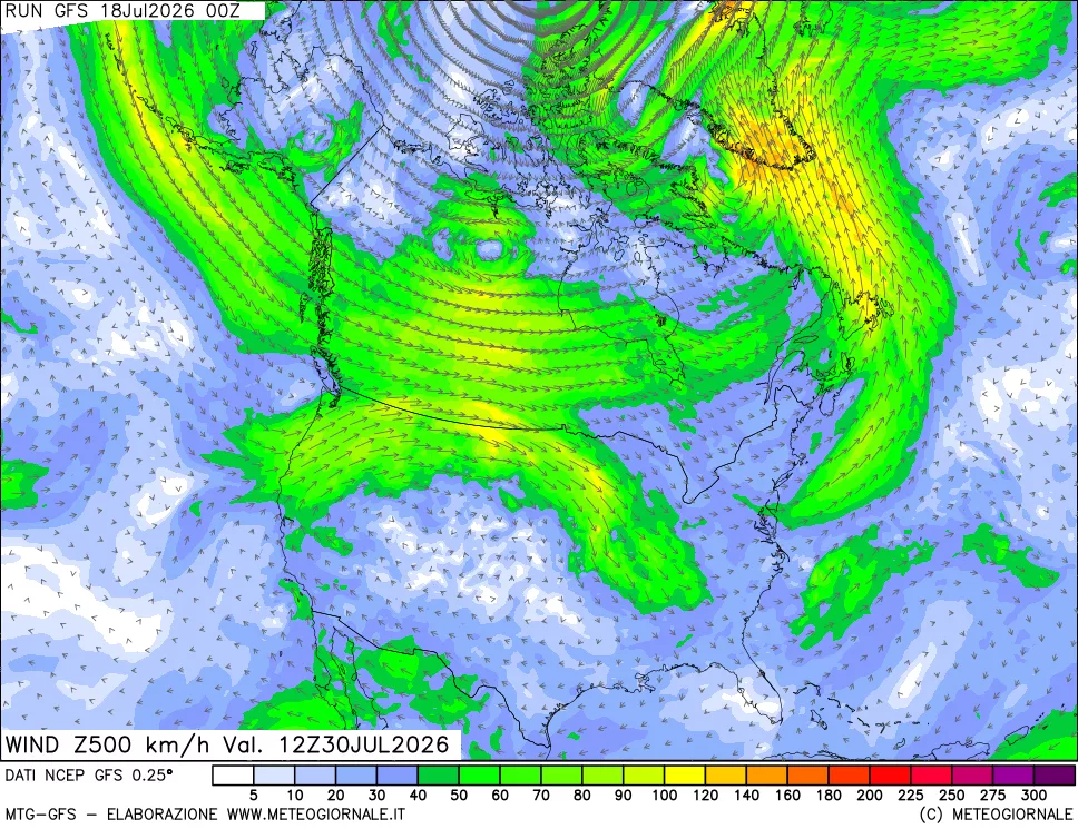 mappa 500 hPa Vento forza e direzione