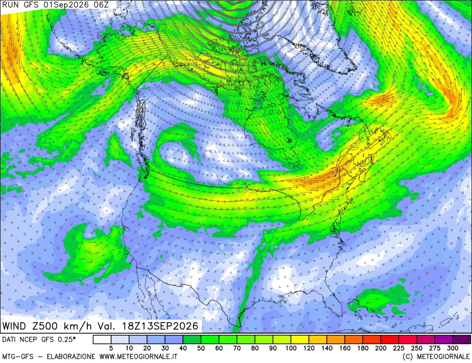 mappa 500 hPa Vento forza e direzione