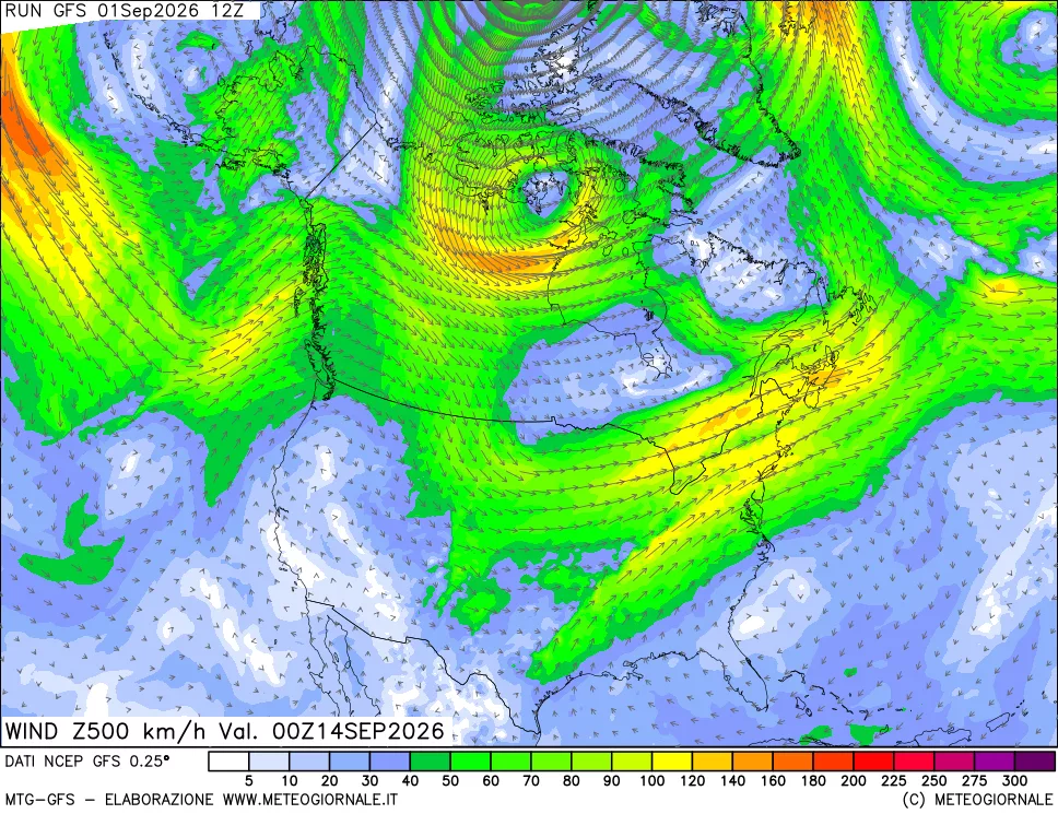 mappa 500 hPa Vento forza e direzione