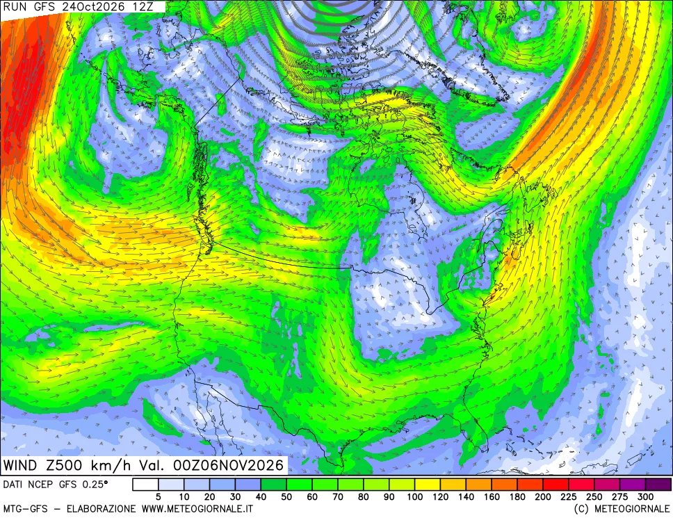 mappa 500 hPa Vento forza e direzione