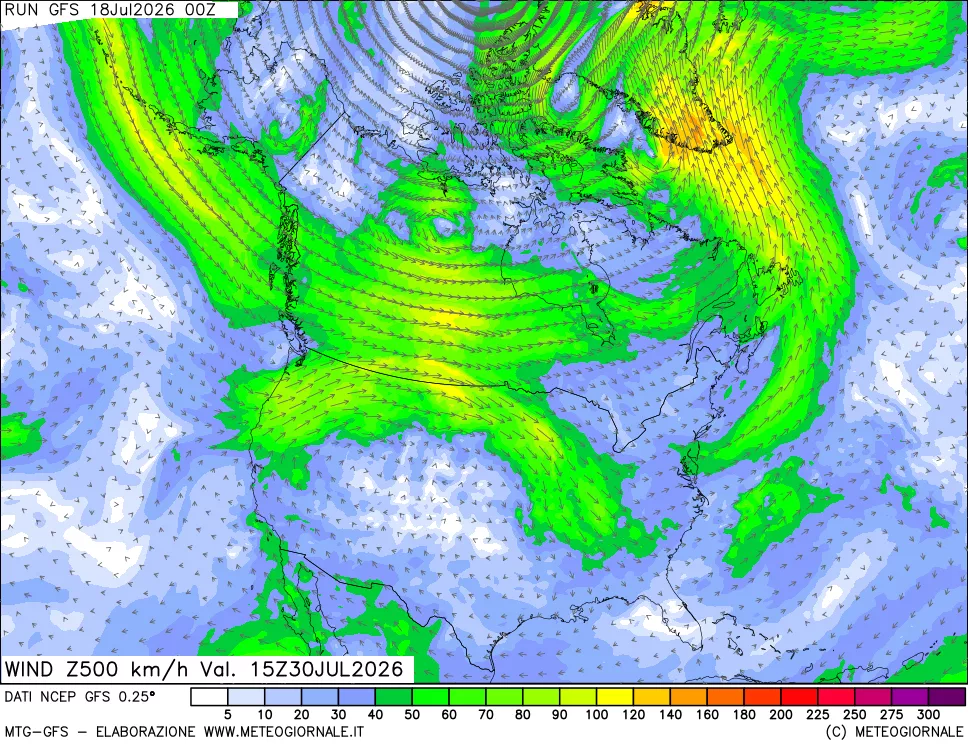 mappa 500 hPa Vento forza e direzione