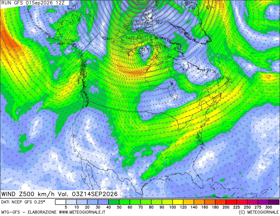 mappa 500 hPa Vento forza e direzione