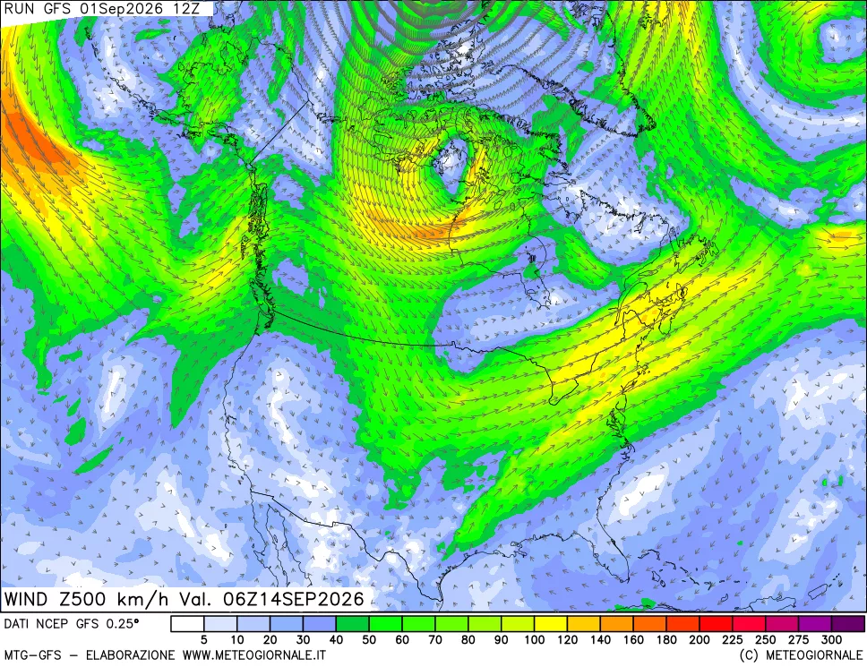 mappa 500 hPa Vento forza e direzione