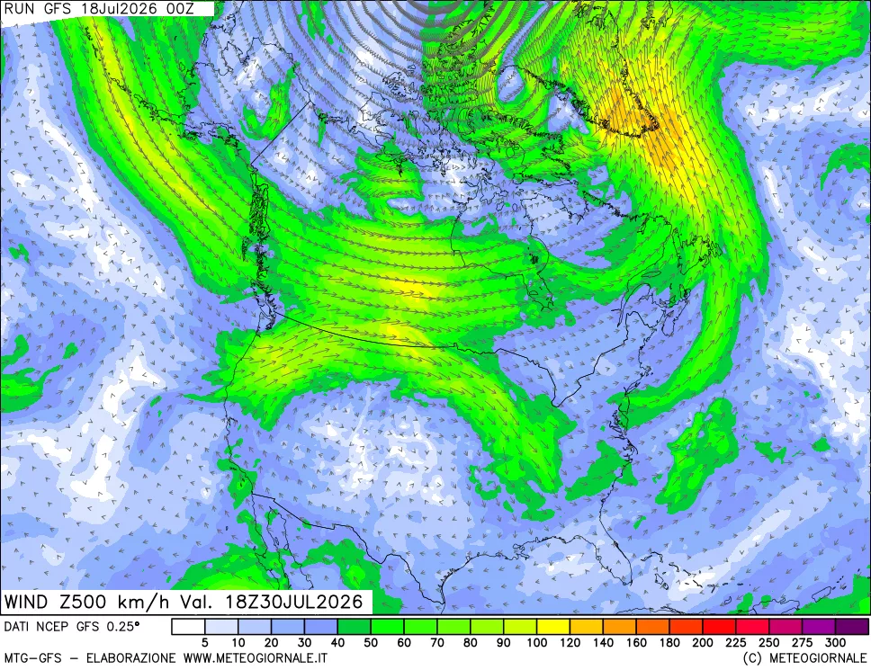 mappa 500 hPa Vento forza e direzione