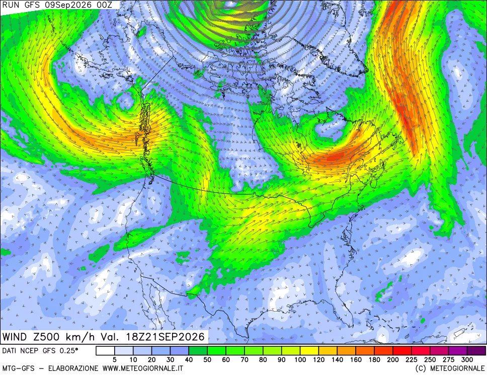 mappa 500 hPa Vento forza e direzione