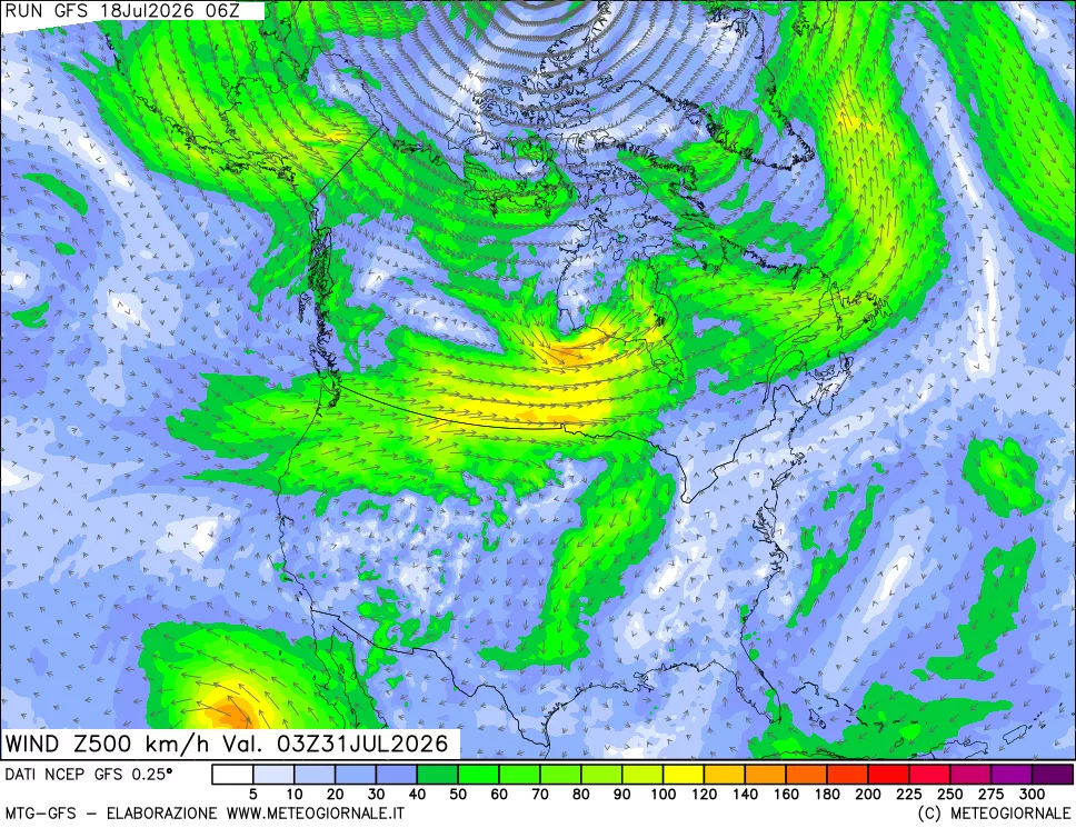 mappa 500 hPa Vento forza e direzione