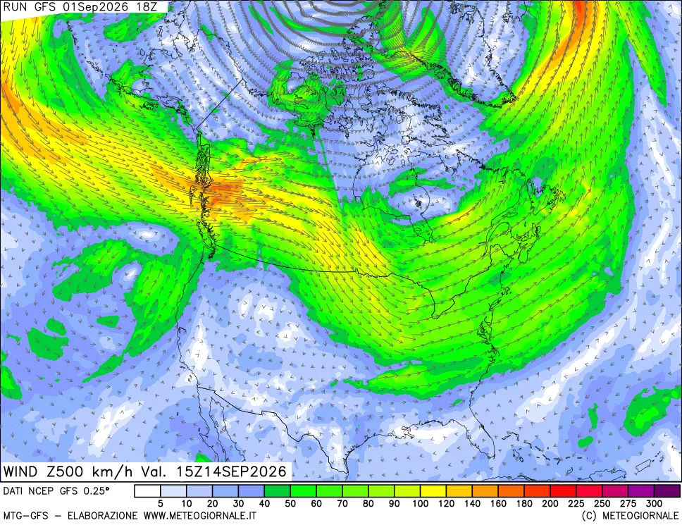 mappa 500 hPa Vento forza e direzione