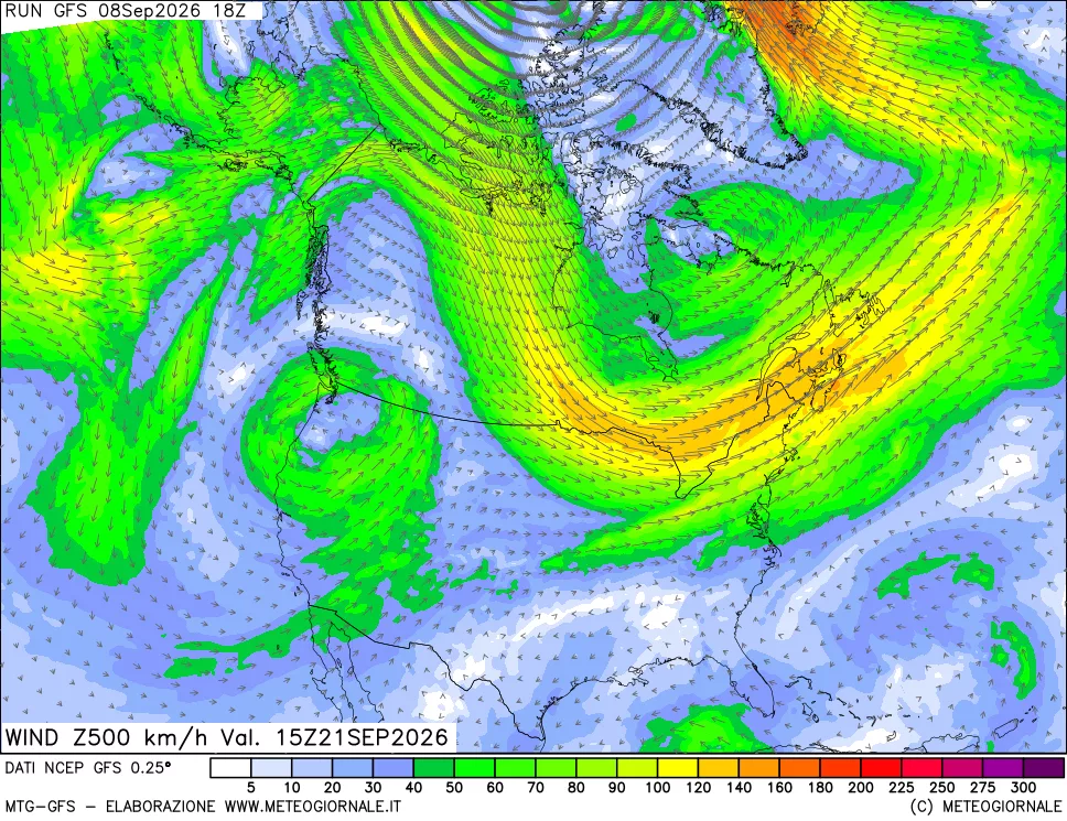 mappa 500 hPa Vento forza e direzione