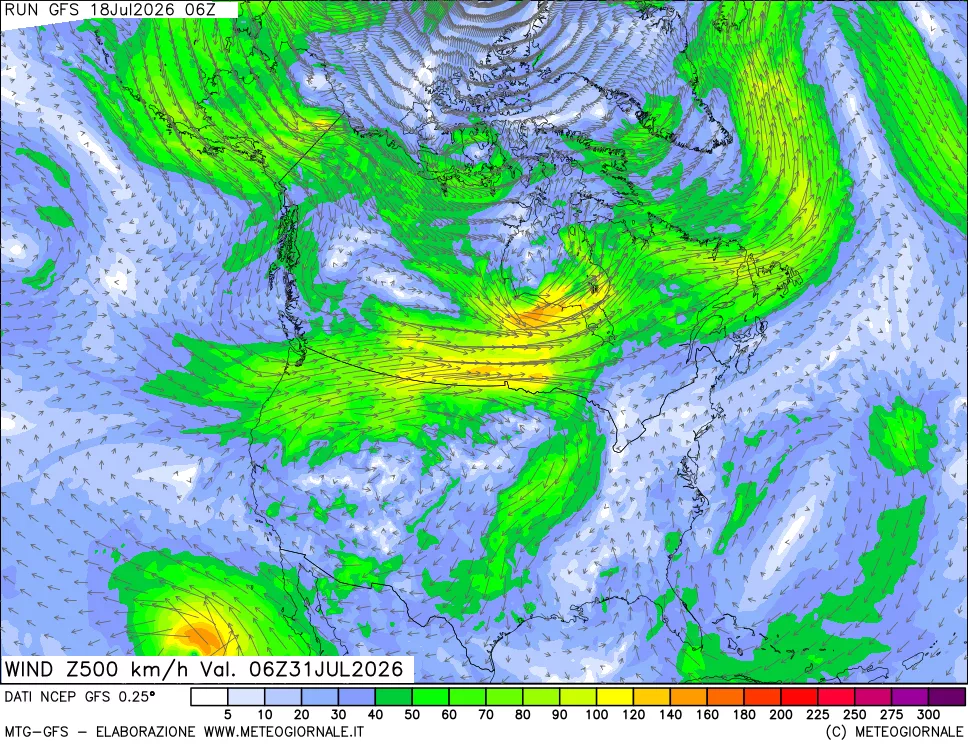 mappa 500 hPa Vento forza e direzione