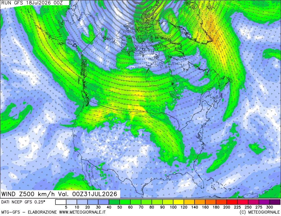 mappa 500 hPa Vento forza e direzione