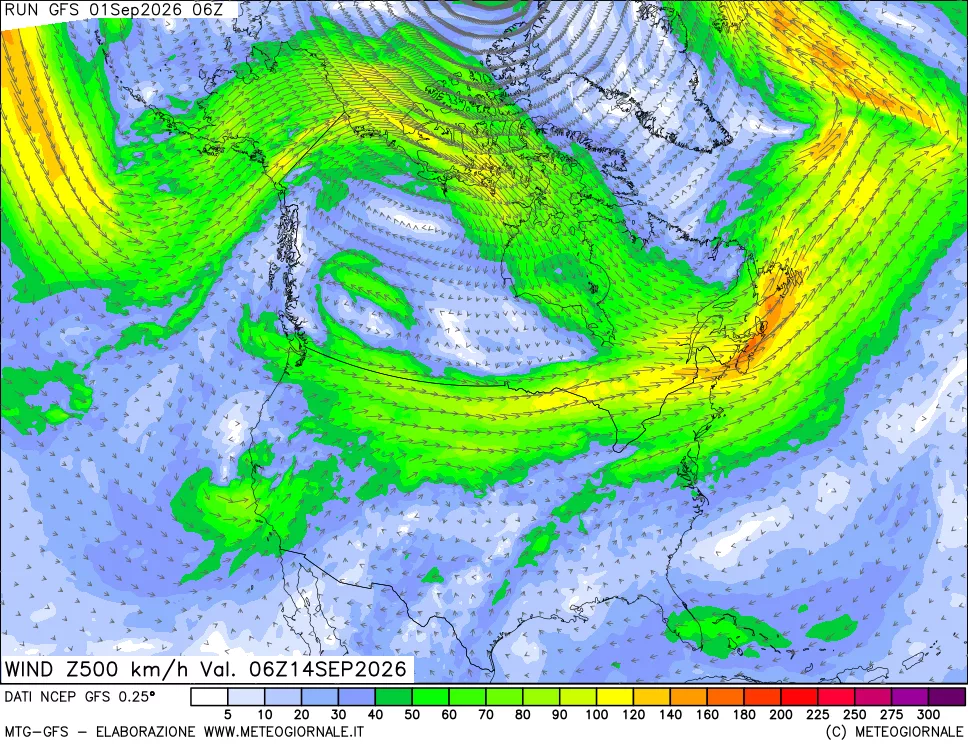 mappa 500 hPa Vento forza e direzione