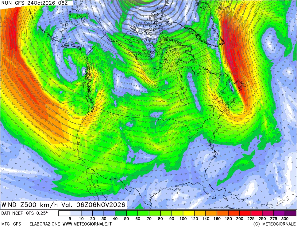 mappa 500 hPa Vento forza e direzione