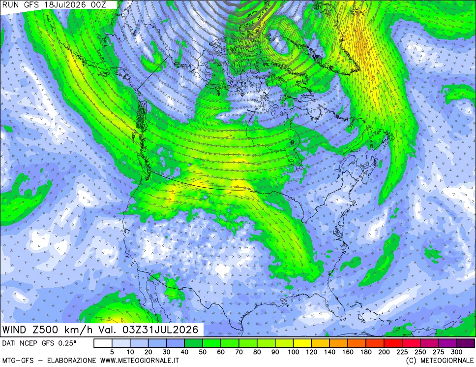 mappa 500 hPa Vento forza e direzione