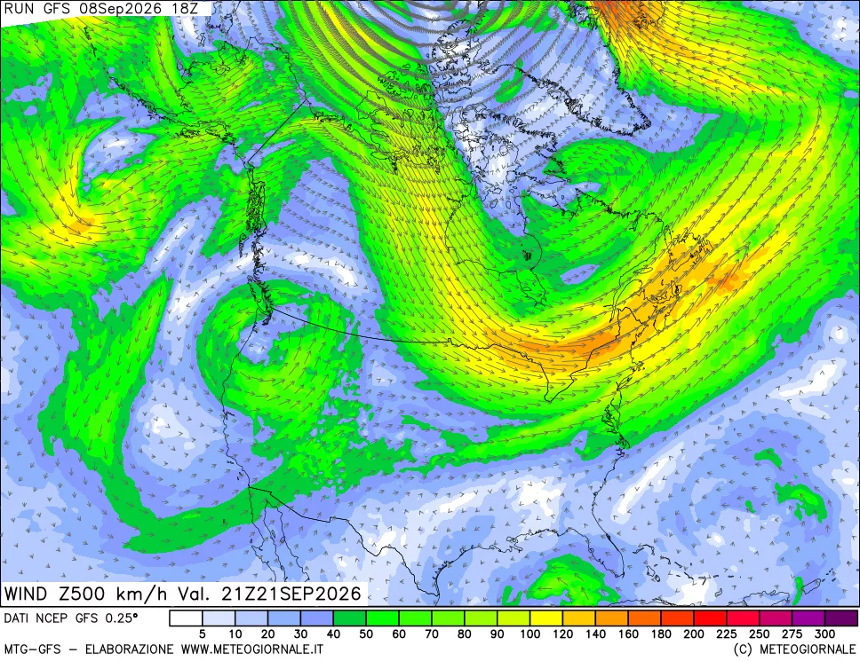mappa 500 hPa Vento forza e direzione