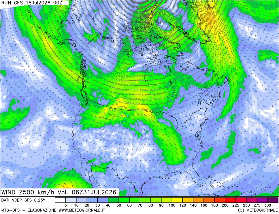 mappa 500 hPa Vento forza e direzione