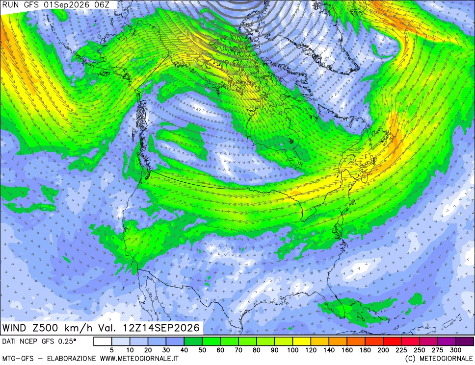 mappa 500 hPa Vento forza e direzione