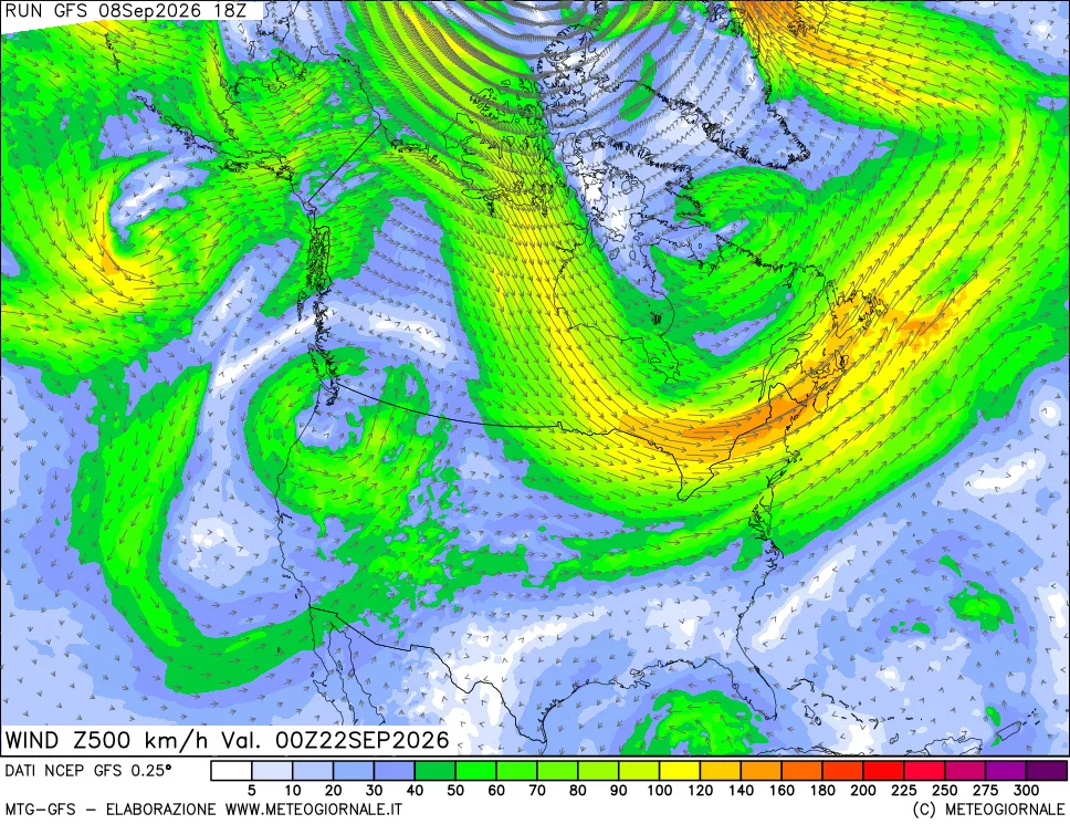 mappa 500 hPa Vento forza e direzione