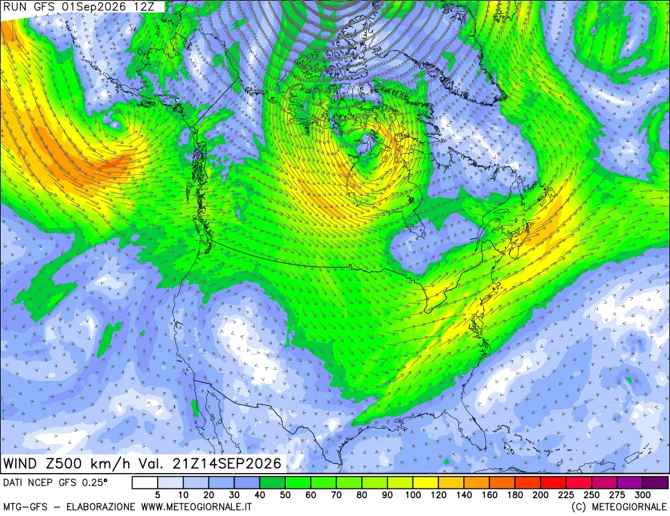 mappa 500 hPa Vento forza e direzione