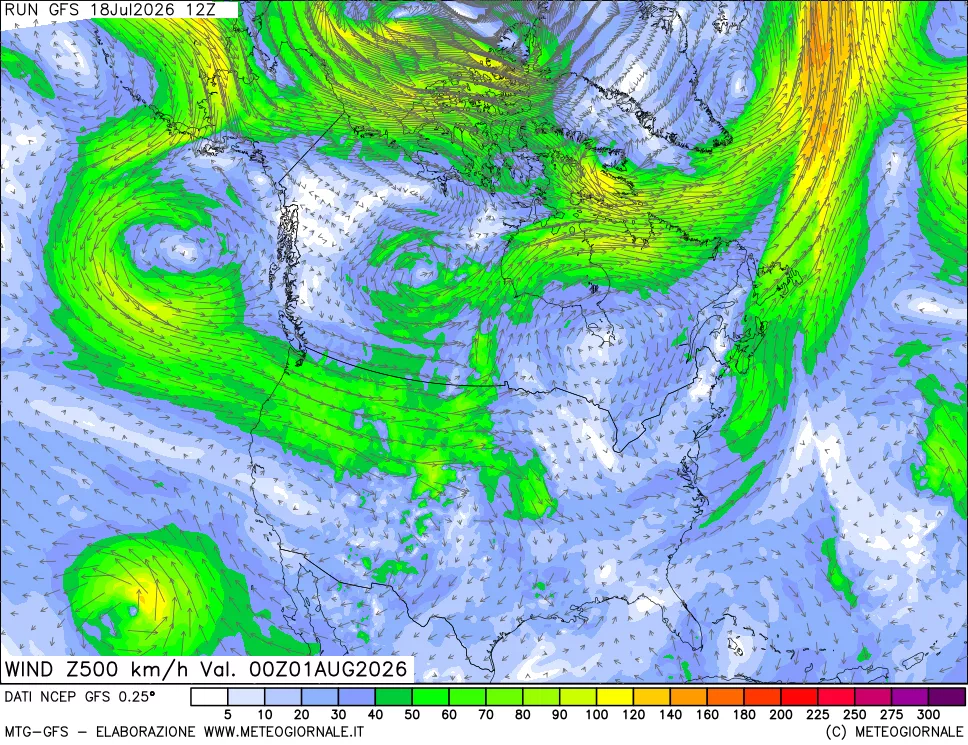 mappa 500 hPa Vento forza e direzione