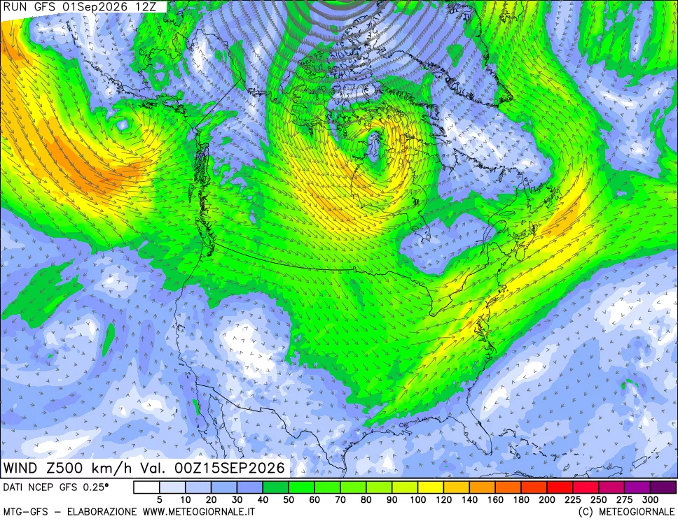 mappa 500 hPa Vento forza e direzione