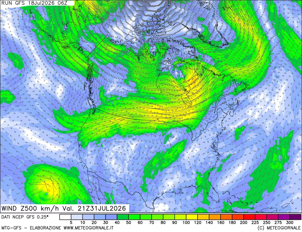 mappa 500 hPa Vento forza e direzione