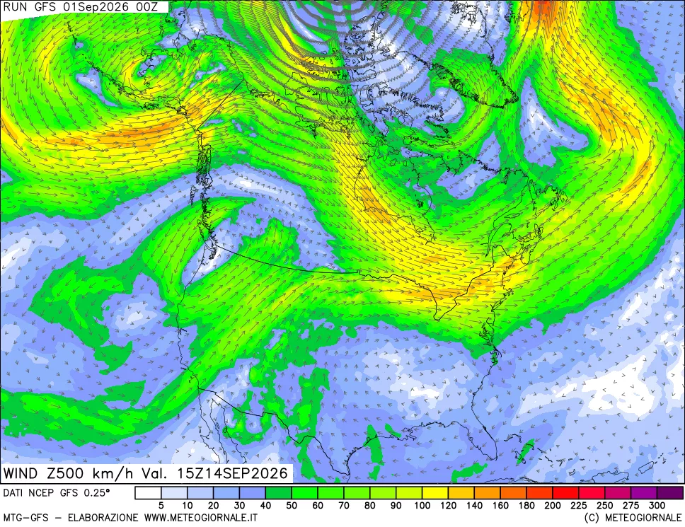mappa 500 hPa Vento forza e direzione