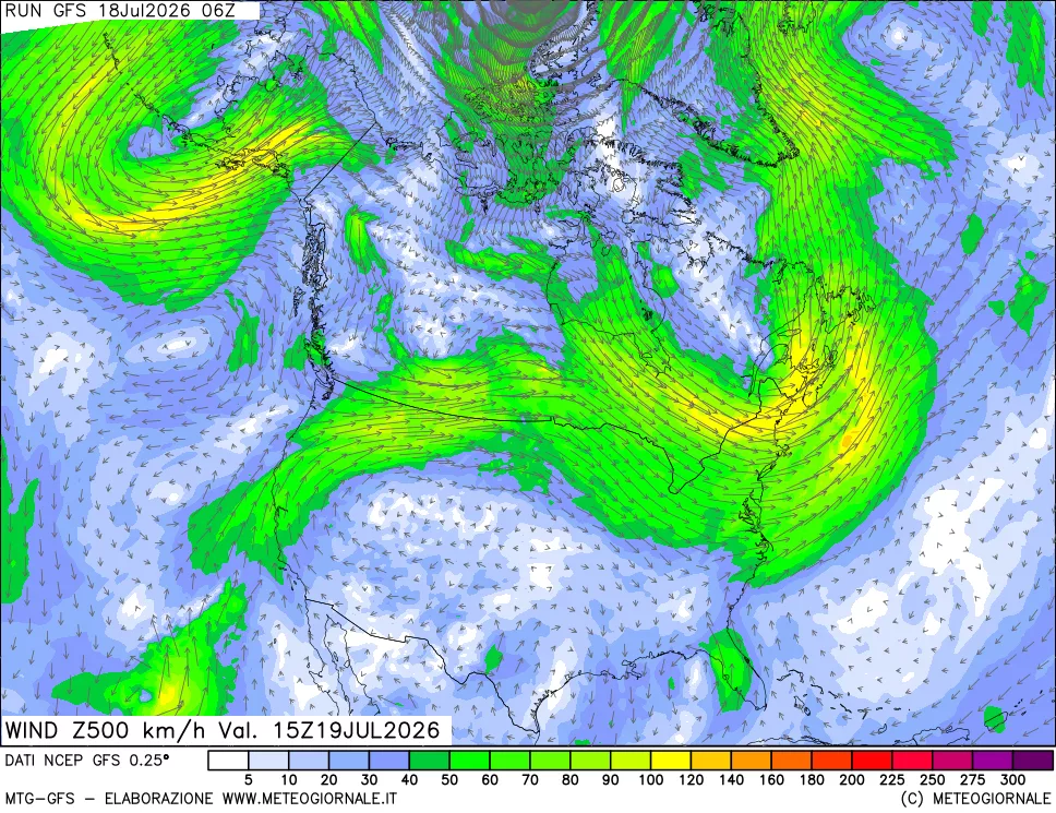 mappa 500 hPa Vento forza e direzione