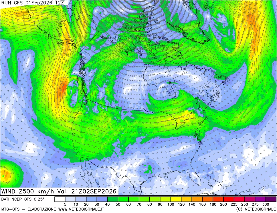 mappa 500 hPa Vento forza e direzione