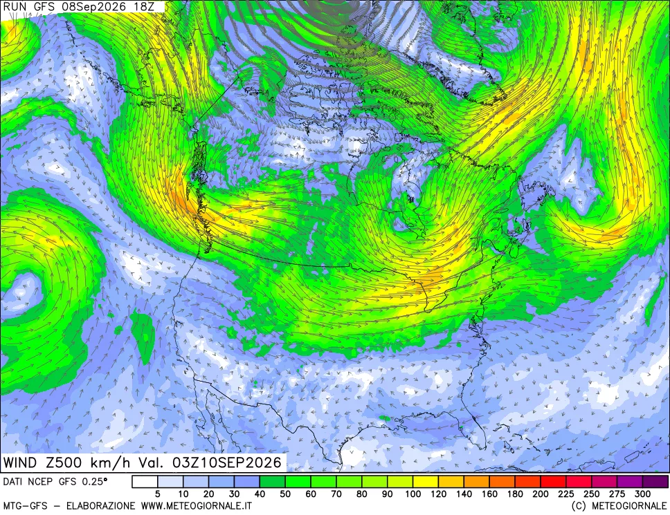 mappa 500 hPa Vento forza e direzione