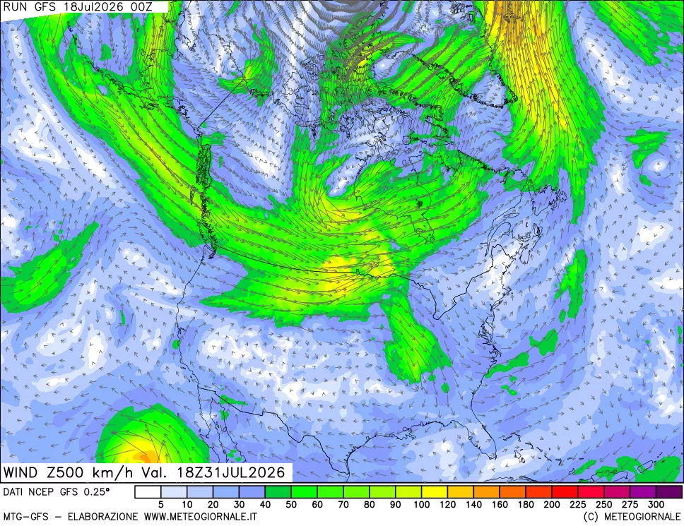mappa 500 hPa Vento forza e direzione
