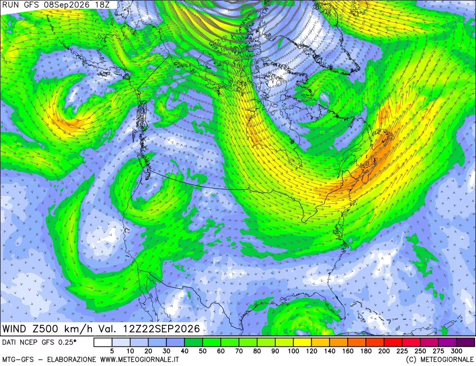 mappa 500 hPa Vento forza e direzione