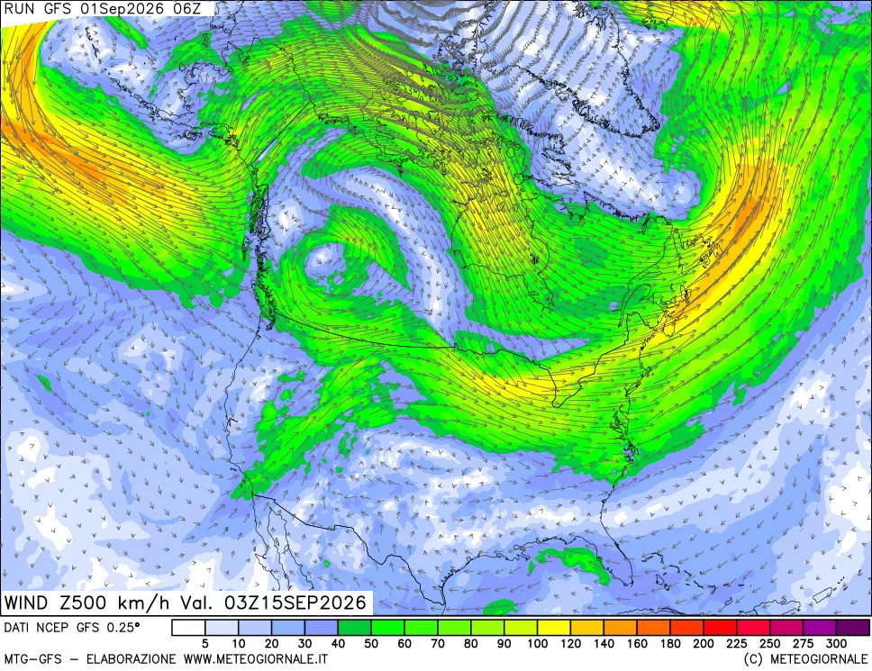 mappa 500 hPa Vento forza e direzione