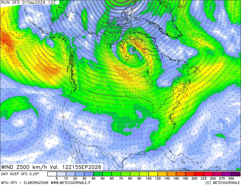 mappa 500 hPa Vento forza e direzione