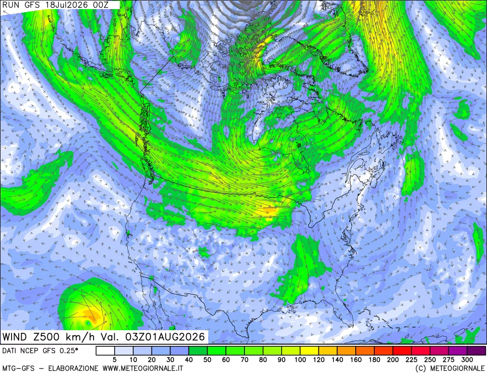 mappa 500 hPa Vento forza e direzione