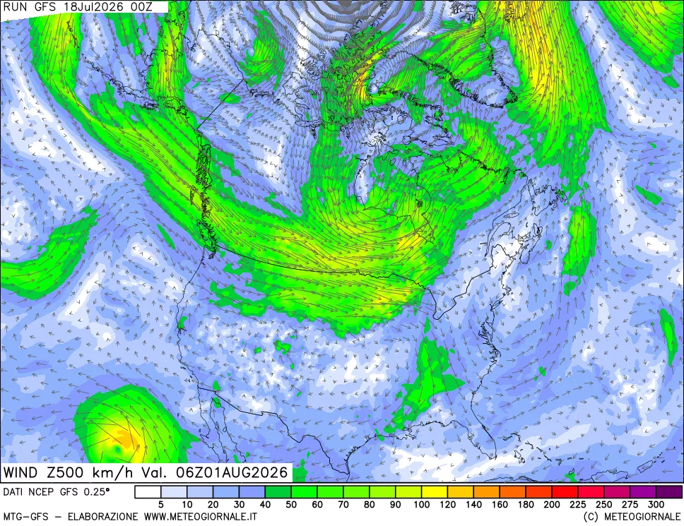 mappa 500 hPa Vento forza e direzione