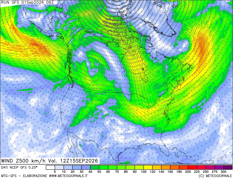 mappa 500 hPa Vento forza e direzione
