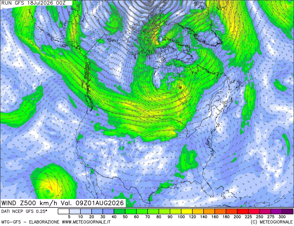 mappa 500 hPa Vento forza e direzione