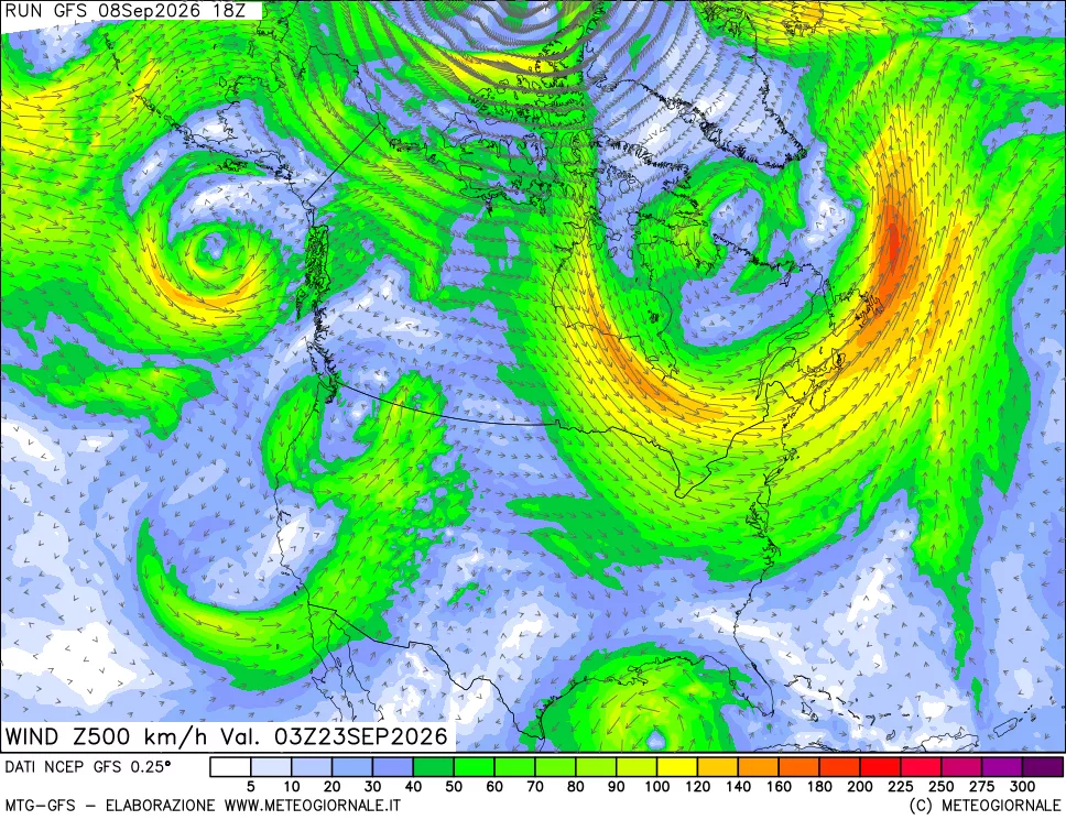 mappa 500 hPa Vento forza e direzione