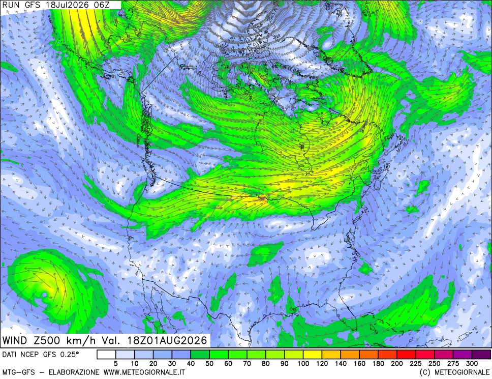 mappa 500 hPa Vento forza e direzione