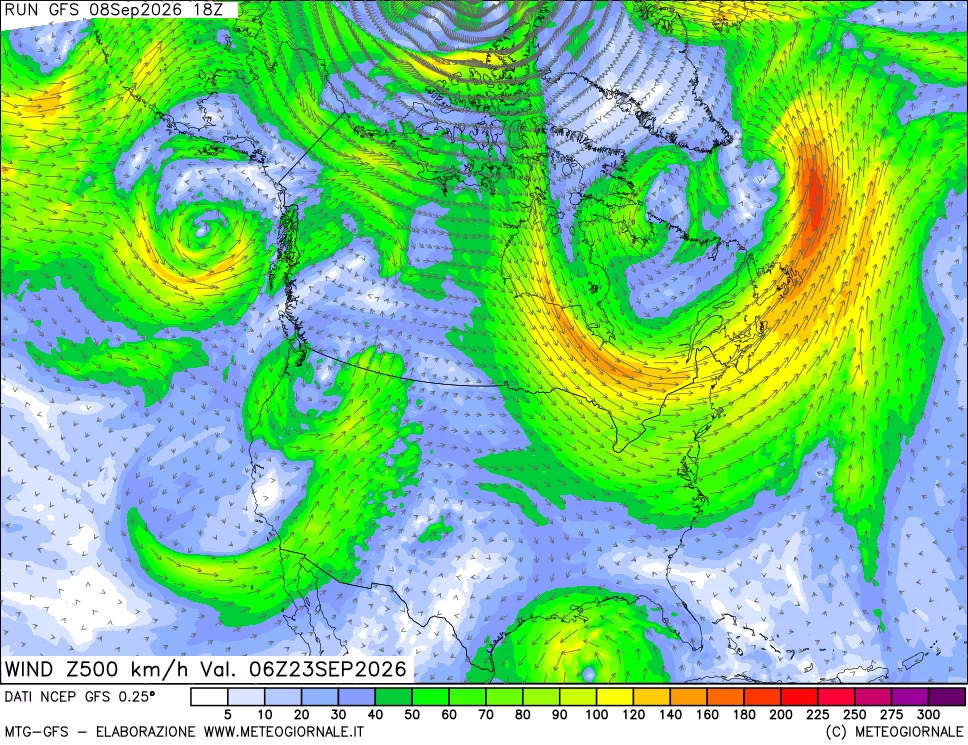 mappa 500 hPa Vento forza e direzione