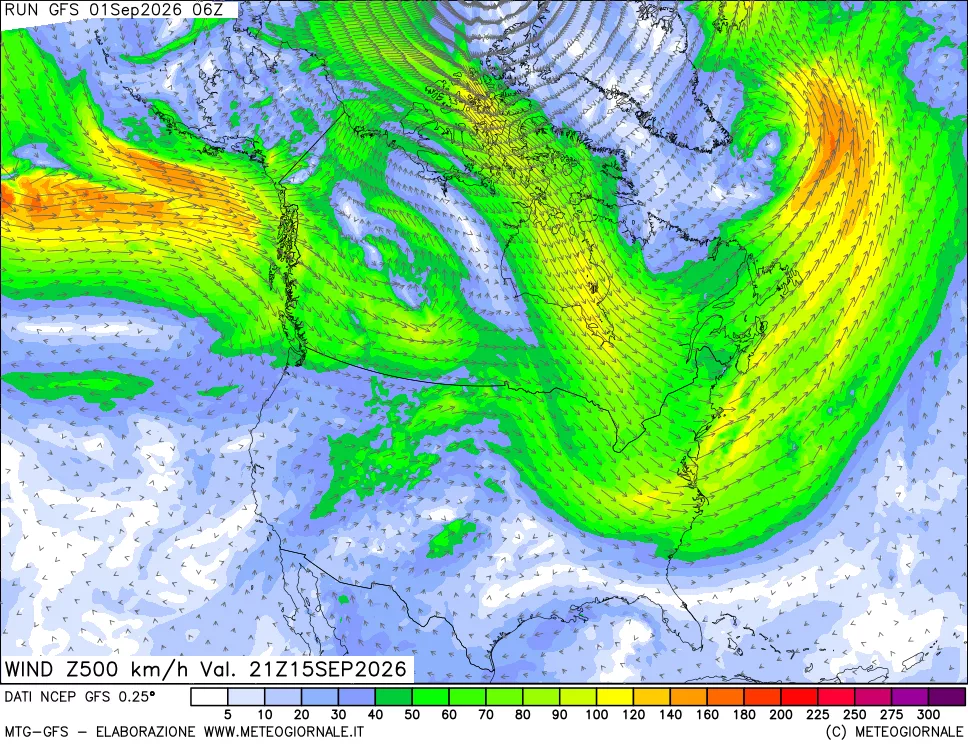 mappa 500 hPa Vento forza e direzione