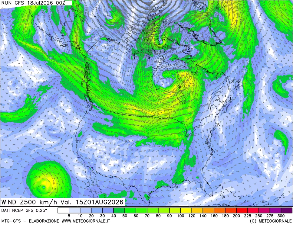 mappa 500 hPa Vento forza e direzione