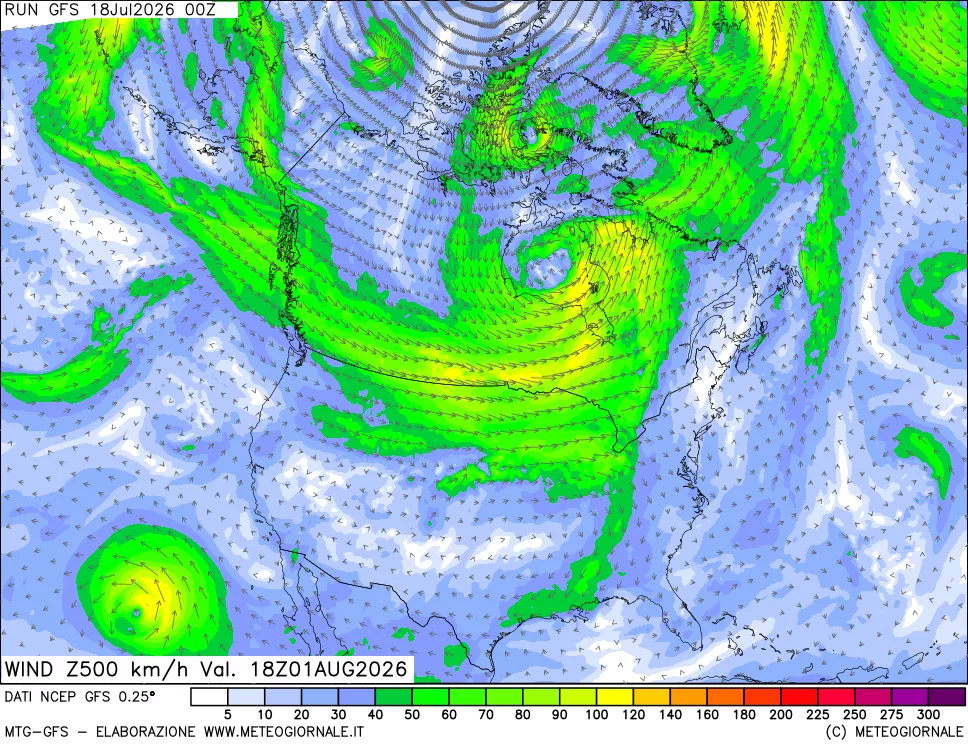 mappa 500 hPa Vento forza e direzione
