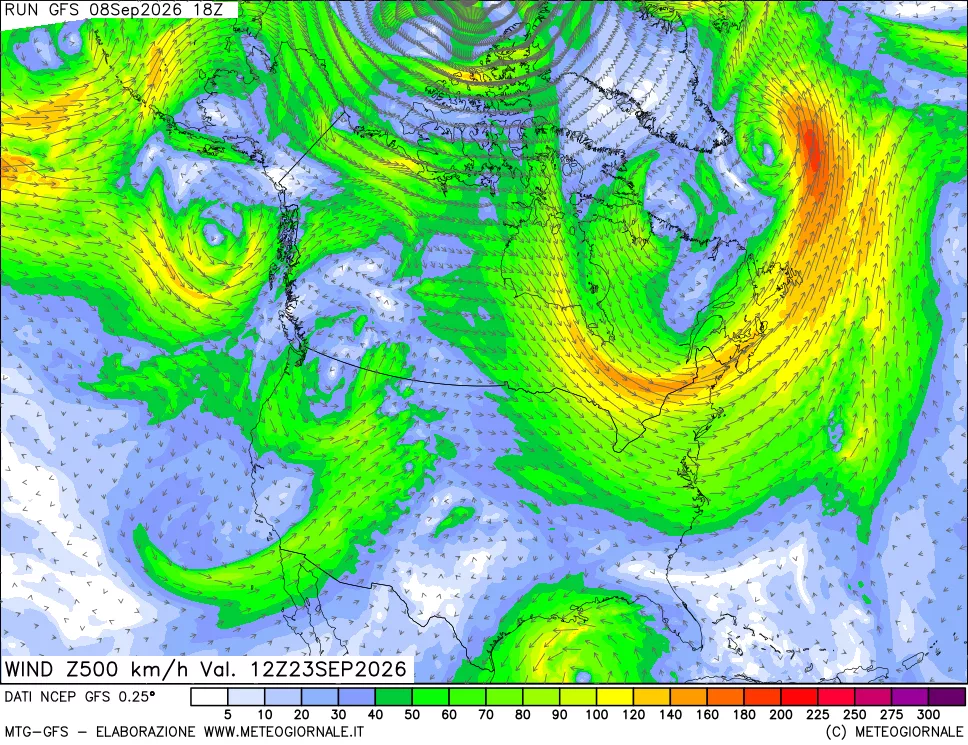 mappa 500 hPa Vento forza e direzione