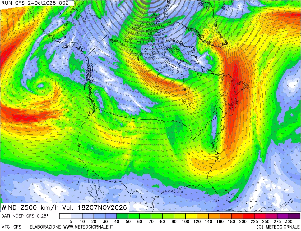 mappa 500 hPa Vento forza e direzione