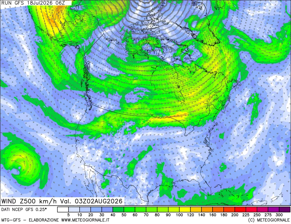 mappa 500 hPa Vento forza e direzione